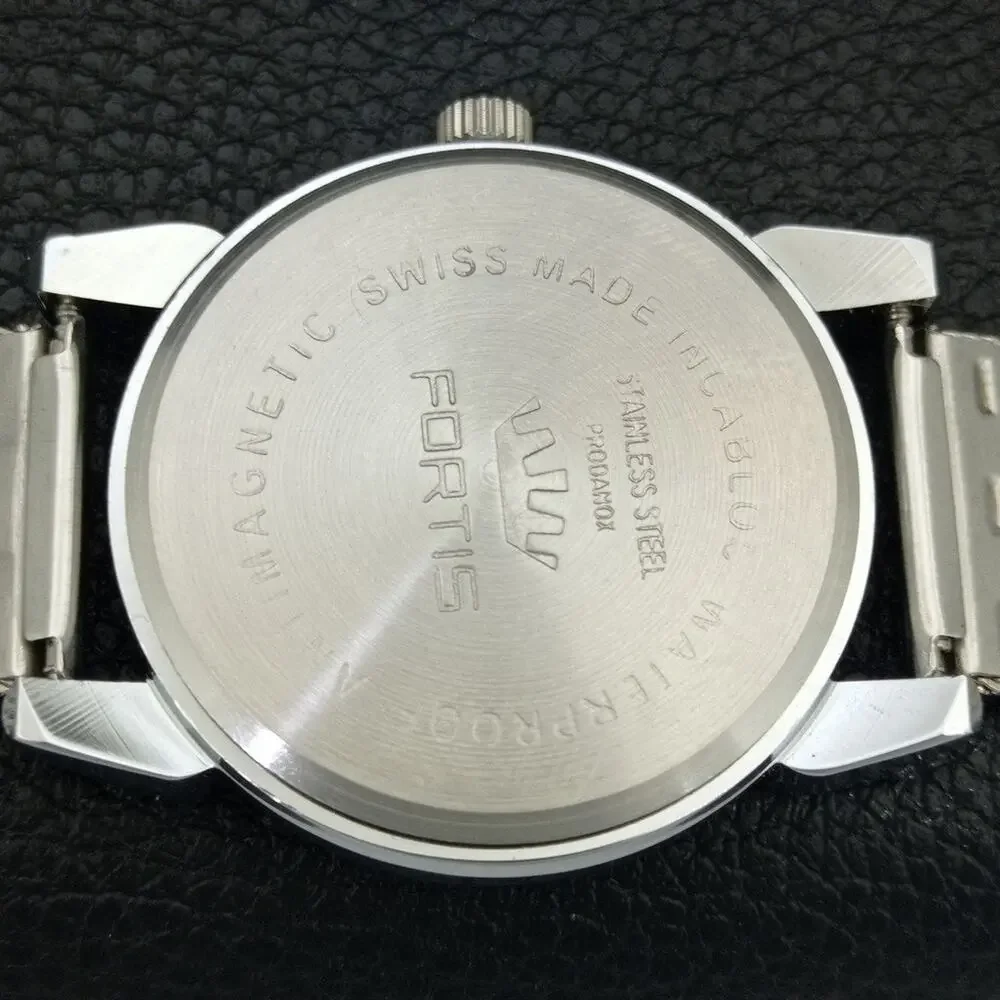 Vintage 1976 Fortis Manual Mens Silver Watch W/Steel Strap & Blue accents